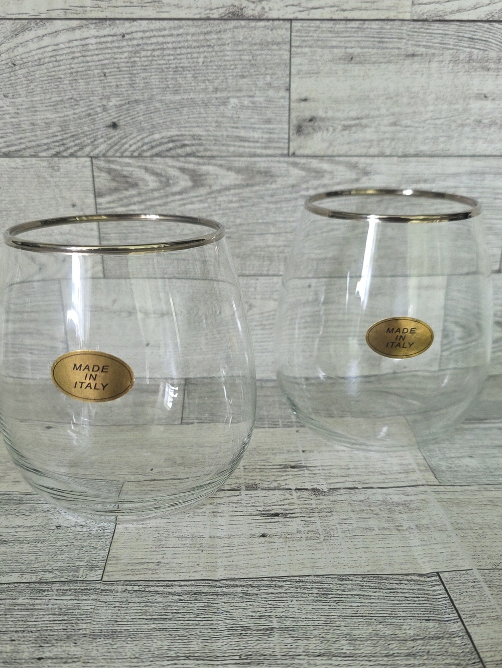 Set of 2 Made in Italy Stemless Wine Glasses with Silver Rim